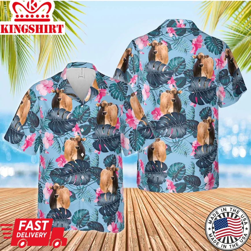 Brown Swiss Blue Hibiscus Trendy Hawaiian Shirt, Farm Cow Trendy Hawaiian Shirt For Men And Women