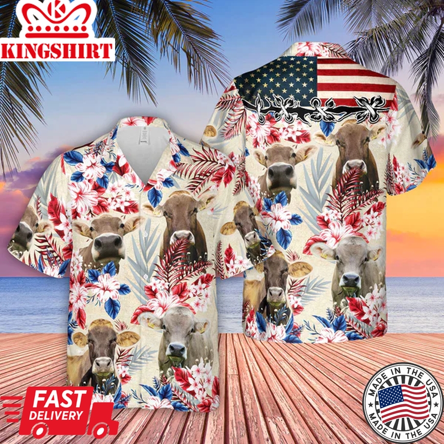 Brown Swiss Pattern Us Flag Trendy Hawaiian Shirt, Farm Cow Trendy Hawaiian Shirt For Men And Women