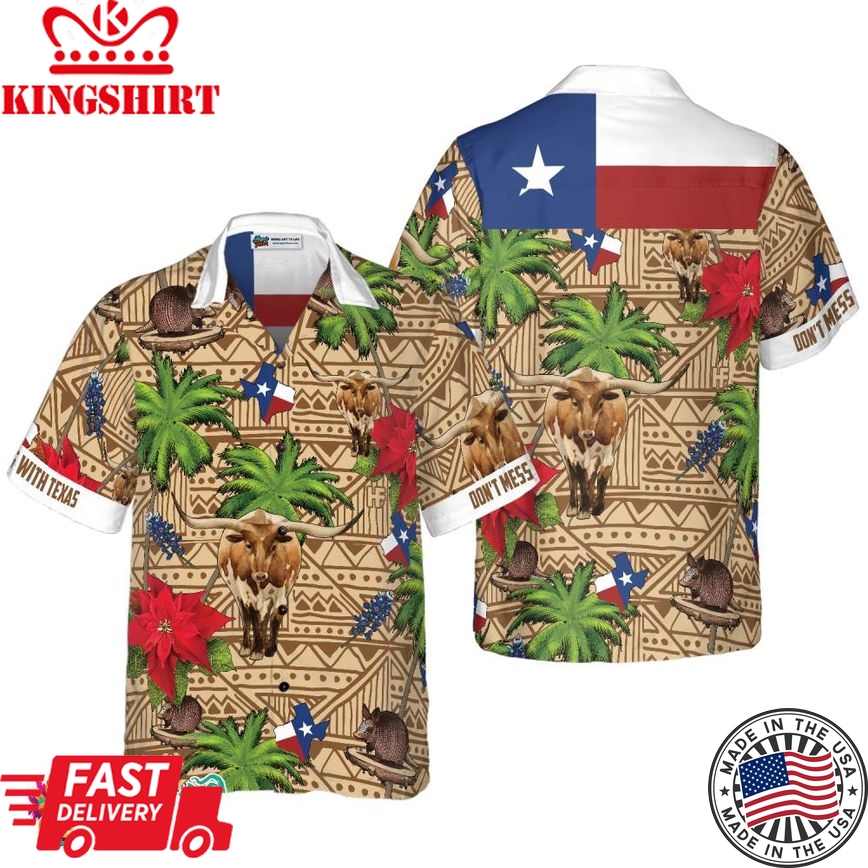 Brown Tribal Pattern Texas Hawaiian Shirt White Neck Version, Don't Mess With Texas Armadillo And Longhorn Texas State Shirt For Men