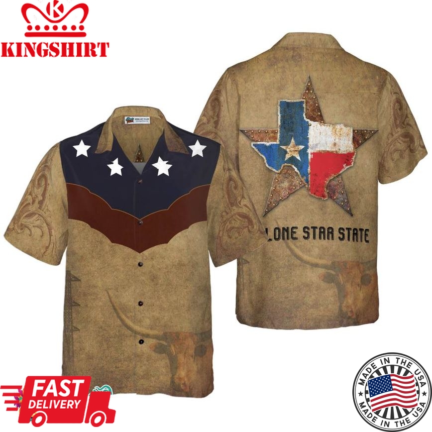 Brown Vintage Floral Damask Pattern Texas Hawaiian Shirt, The Lone Star State Texas Home Shirt, Proud Texas Flag Shirt For Men