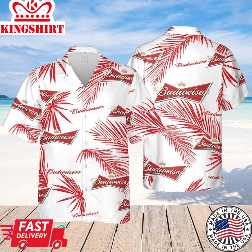 Budweiser Hawaiian Palm Leaves Pattern Shirt, Beer Summer Party Hawaiian Shirt, Budweiser Beer Shirt