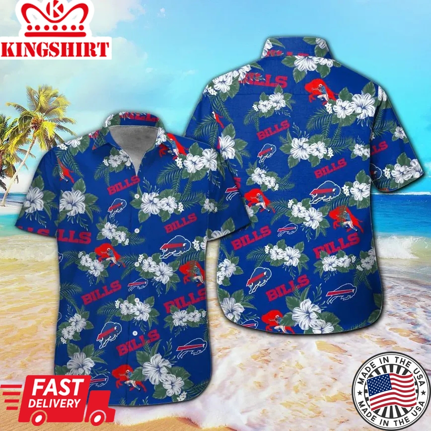 Buffalo Bills Trendy Hawaiian Shirt Buffalo Bills White Hibiscus Flowers Blue Hawaii Shirt Buffalo Bills Aloha Shirt