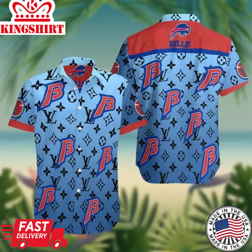 Buffalo Bills Trendy Hawaiian Shirt Buffalo Symbol Lv Pattern Blue Hawaii Shirt Buffalo Bills Aloha Shirt