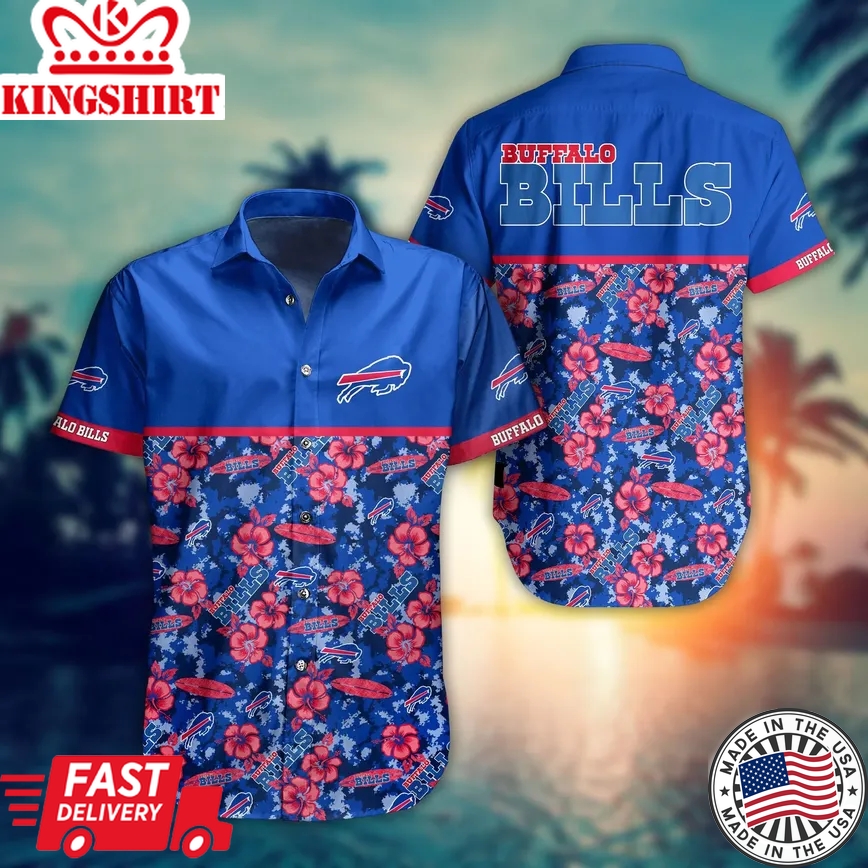 Buffalo Bills Trendy Hawaiian Shirt Buffalo Symbol Pink Hibiscus Flowers Blue Hawaii Shirt Cool Buffalo Bills Aloha Shirt