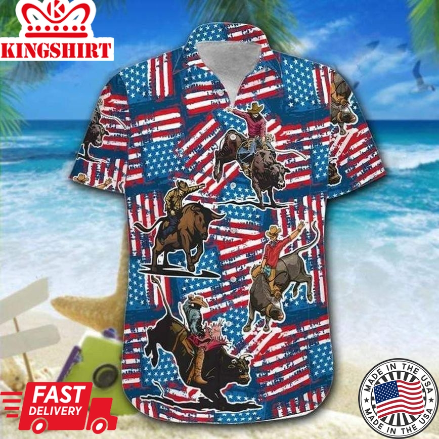 Bull Riding American Flag 4Th Of July Trendy Hawaiian Shirt