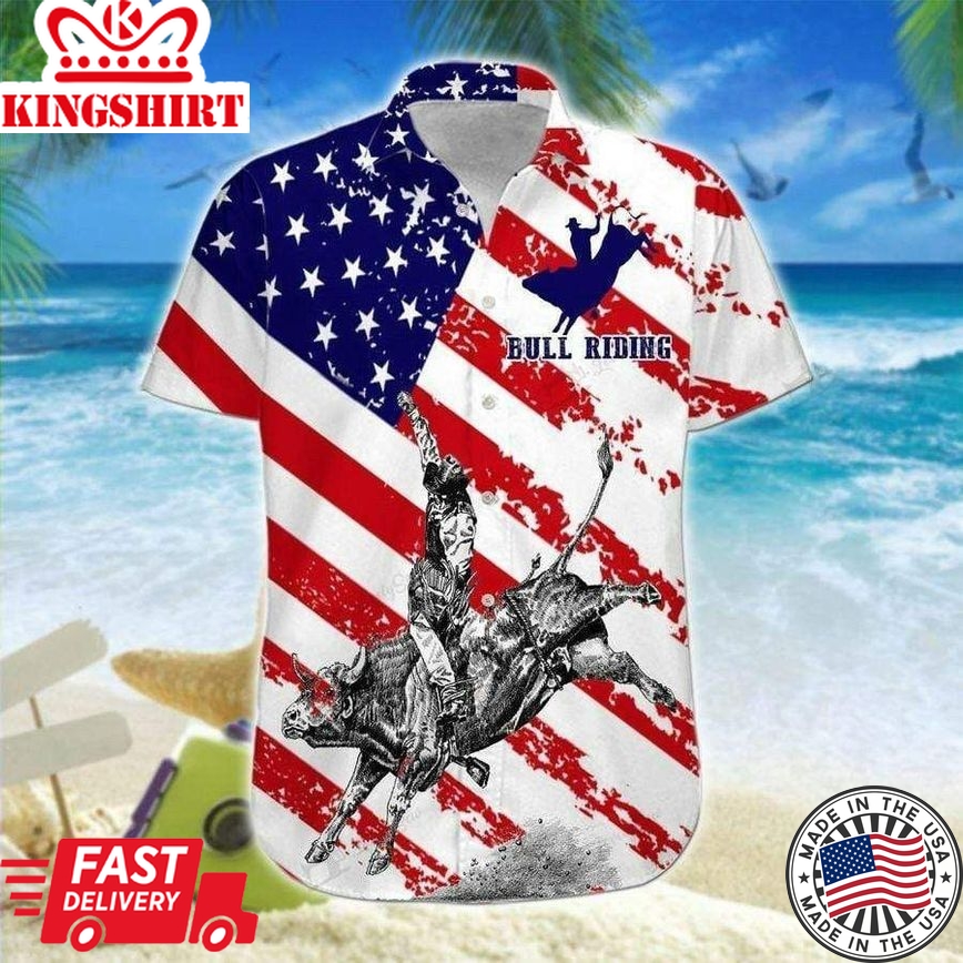 Bull Riding American Flag Pattern Trendy Hawaiian Shirt