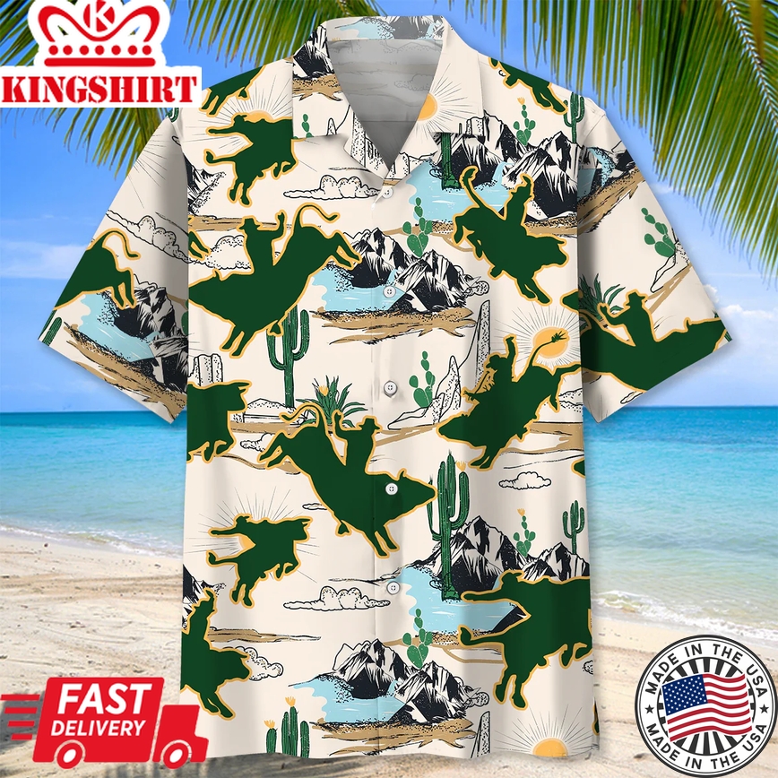 Bull Riding Desert Trendy Hawaiian Shirt, Short Sleeve Summer Vacation Beach Shirts For Men