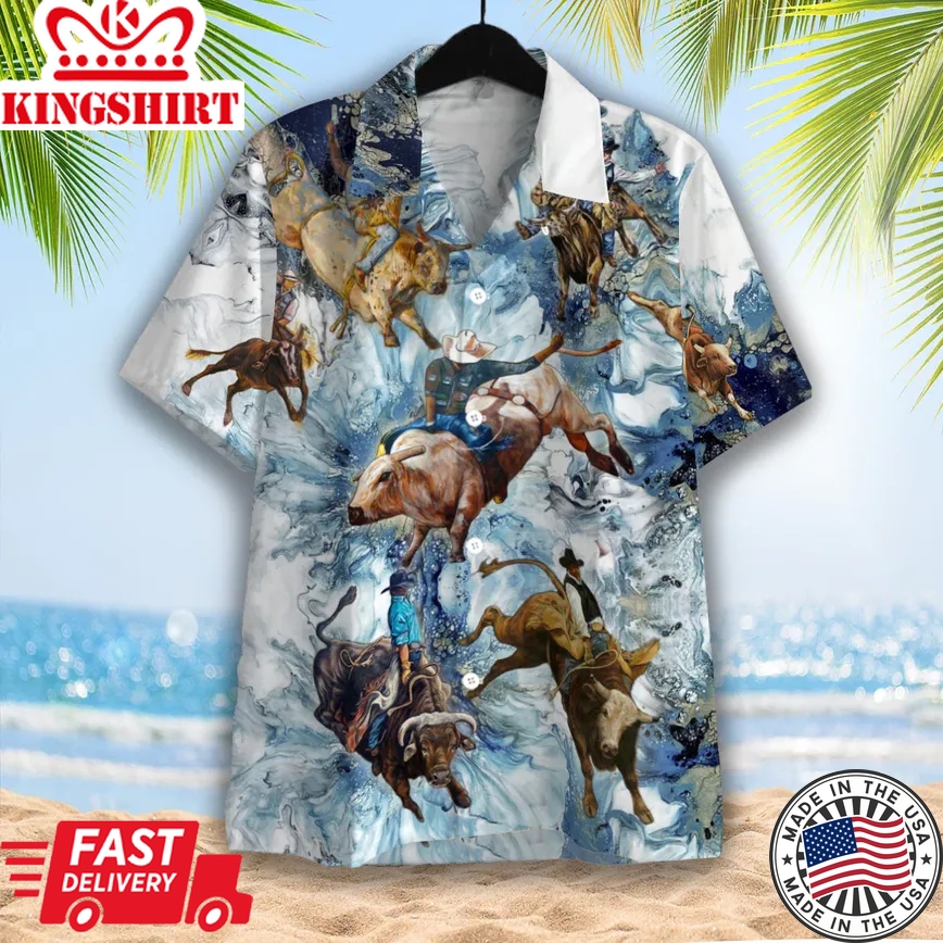 Bull Riding On Blue Hibiscus Flower Trendy Hawaiian Shirt