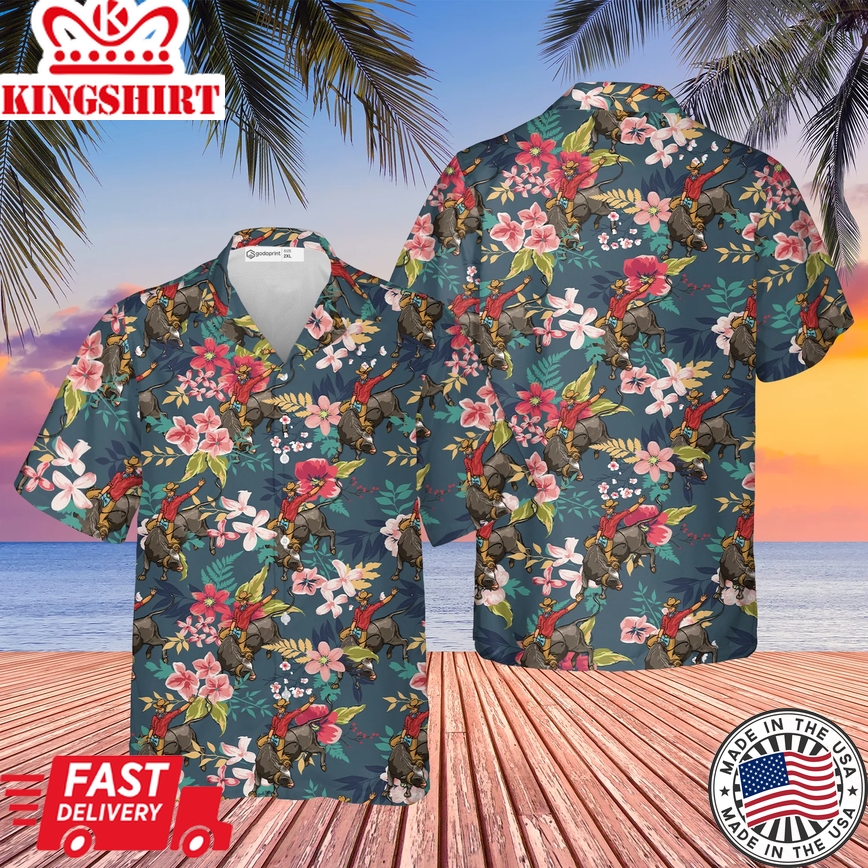 Bull Riding Trendy Hawaiian Shirt, Bull Rider Shirts For Men, Short Sleeves Button Down Summer Beach Dress Shirts