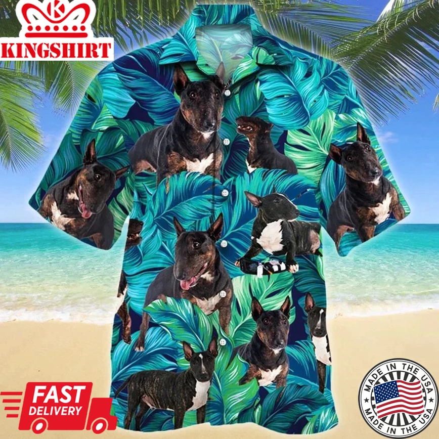 Bull Terrier Dog Lovers Blue And Green Tropical Leave Pattern Trendy Hawaiian Shirt