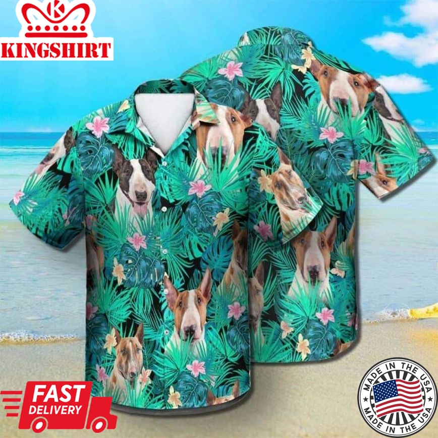 Bull Terrier Trendy Hawaiian Shirt, Dog Summer Leaves Trendy Hawaiian Shirt, Unisex Print Aloha Short Sleeve Casual Shirt Summer Gifts