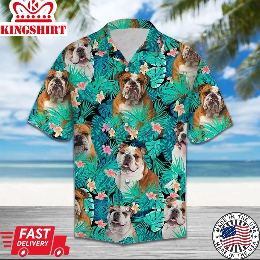 Bulldog Lovers Tropical Palm Tree Leaves Summer Vacation Aloha Trendy Hawaiian Shirt