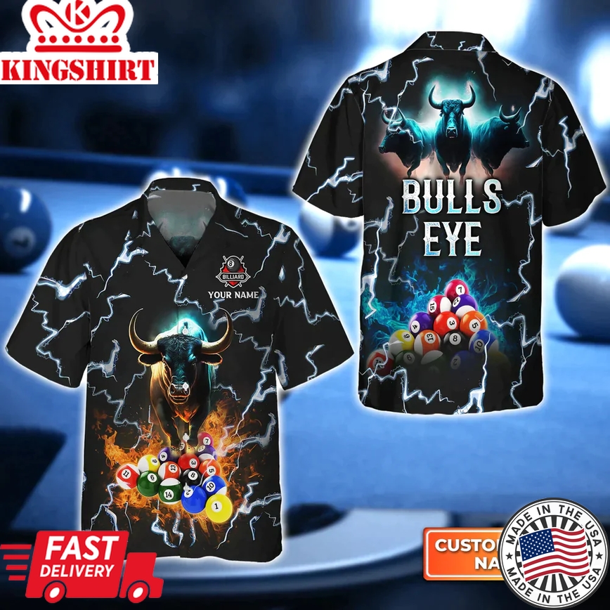 Bulls Eye Billiard Team Pool 8 Ball Personalized Name Trendy Hawaiian Shirt