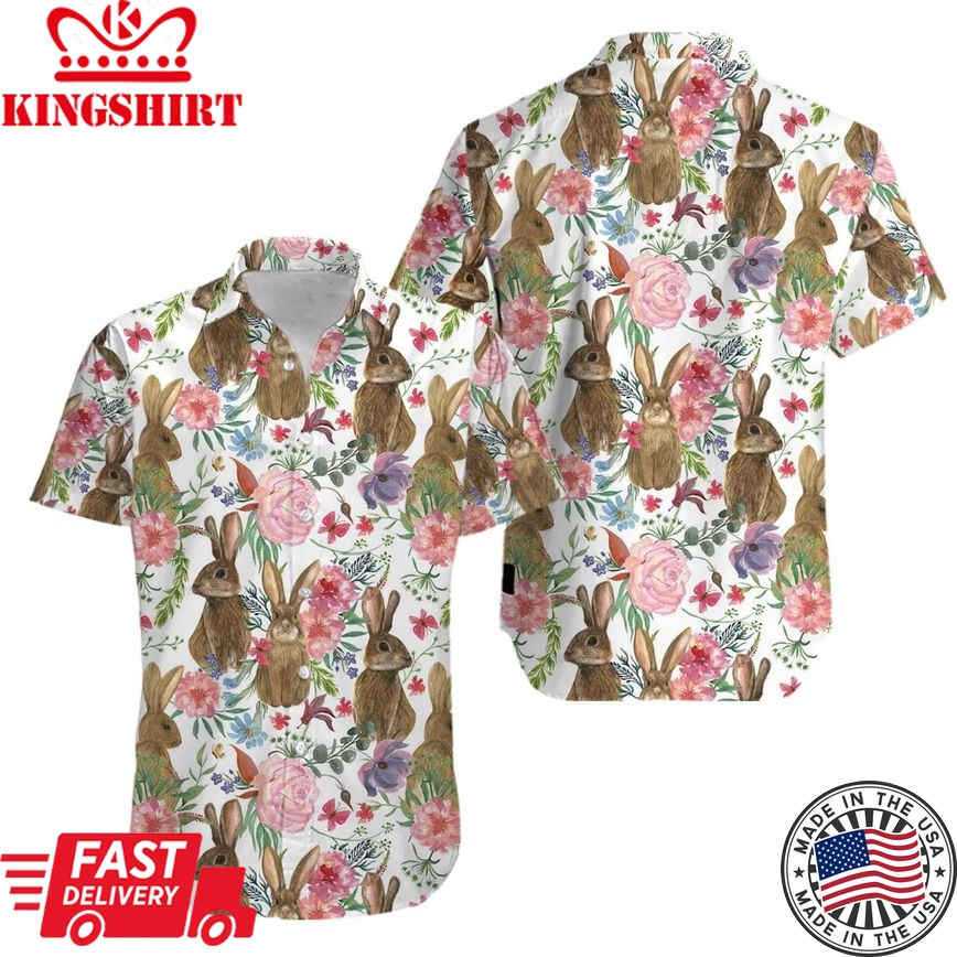 Bunny Flower Happy Easter Day 2021 Aloha Trendy Hawaiian Shirts, Unisex Print Aloha Short Sleeve Casual Shirt Summer Gifts