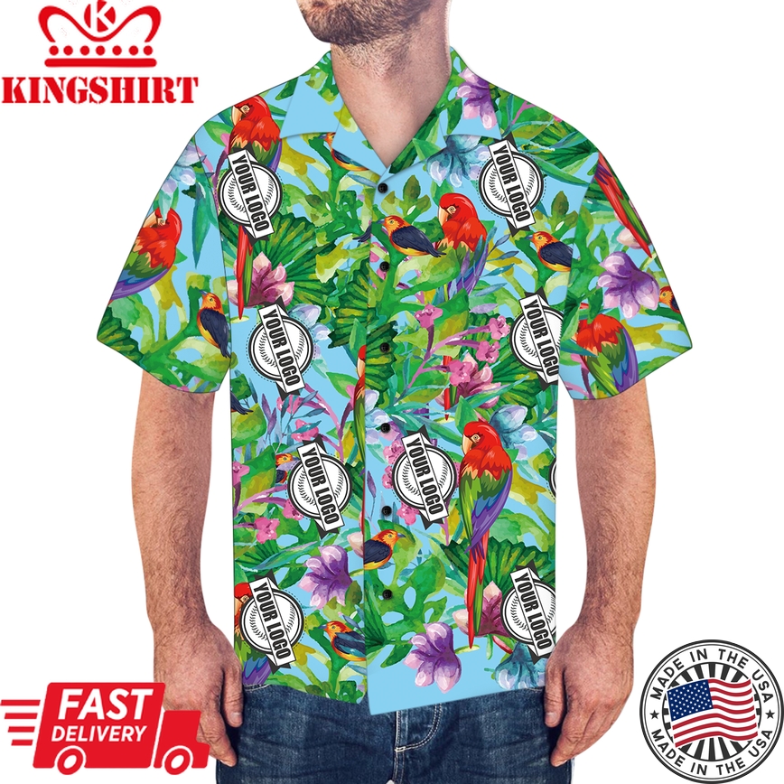 Business Logo Shirts, Custom Men's Hawaiian Shirt Colorful Parrot