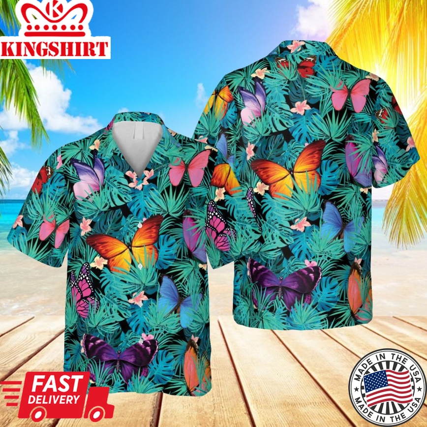 Butterflies Green Hawaii T-Shirt, Beach Outfit For Men