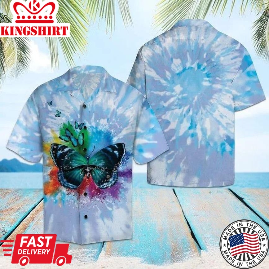 Butterfly Blue Tie Dye Trendy Hawaiian Shirt