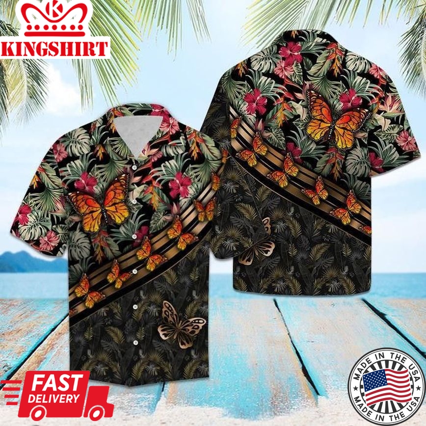 Butterfly Floral Trendy Hawaiian Shirt, Unisex Print Aloha Short Sleeve Casual Shirt Summer Gifts