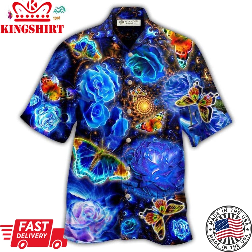 Butterfly Flower Glowing Blue Rose Hawaiian Shirt