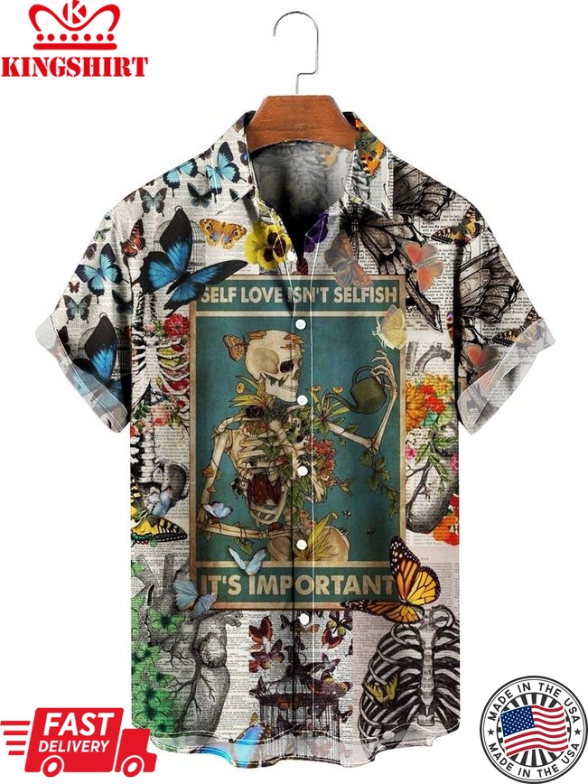 Butterfly Skeleton Newspaper Print Hawaiian Shirt