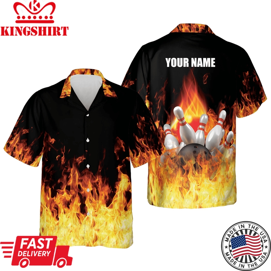 Button-Down Flame Bowling Trendy Hawaiian Shirt, Bowling Team Shirt, Bowling Gift