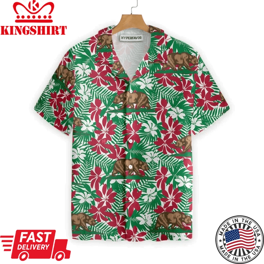 California Flag Summer Vibes With Brown Bear Seamless Pattern Design Trendy Hawaiian Shirt