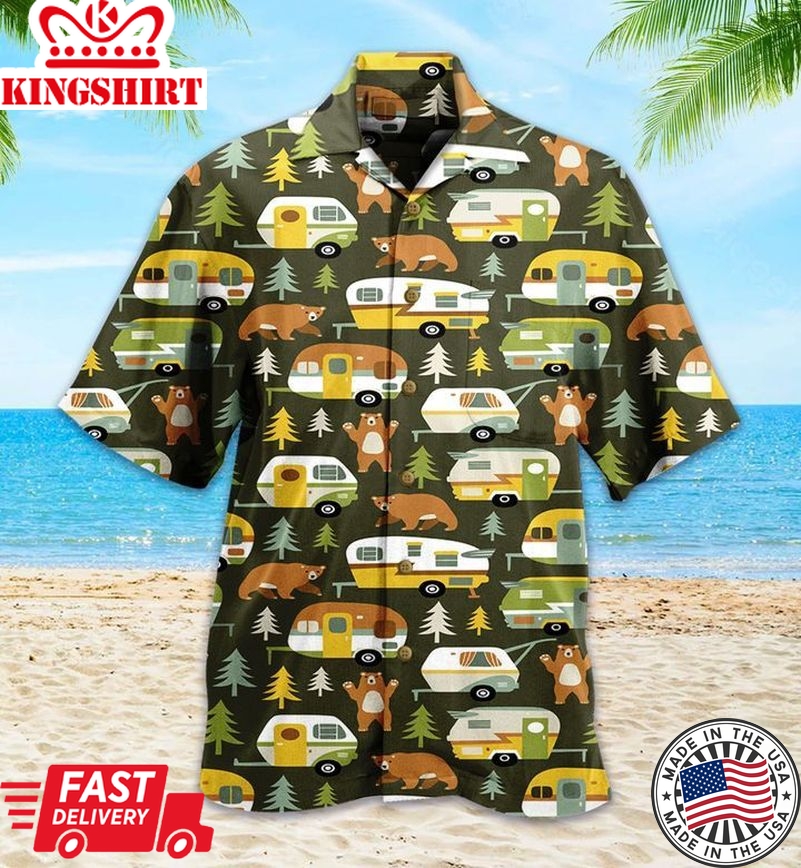 Camper Van Bear Green Pattern Trendy Hawaiian Shirt 3D Summer Gifts