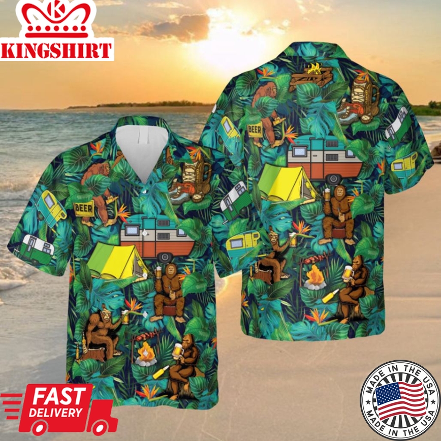 Camping Bigfoot Green Trendy Hawaiian Shirt, Gift For Him