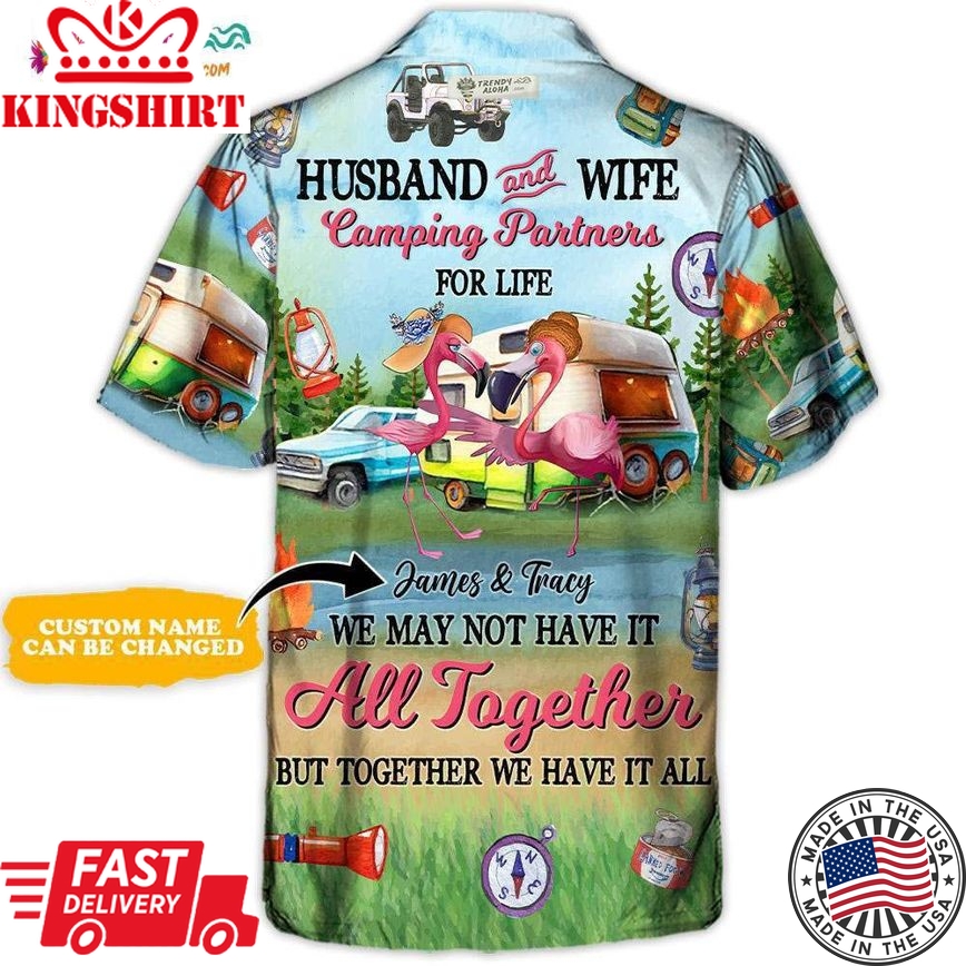 Camping Flamingo Husband And Wife Camping Partners For Life Personalized - Hawaiian Shirt - Personalized Photo Gifts Hawaiian Shirt