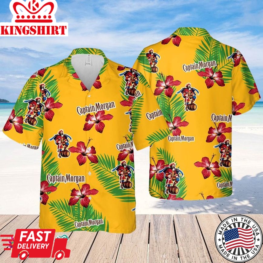 Captain Morgan Hawaiian Hibiscus Flower Pattern,Tropical Beach Shirt, Hawaiian Flower Shirt, Hawaiian Beer Shirt