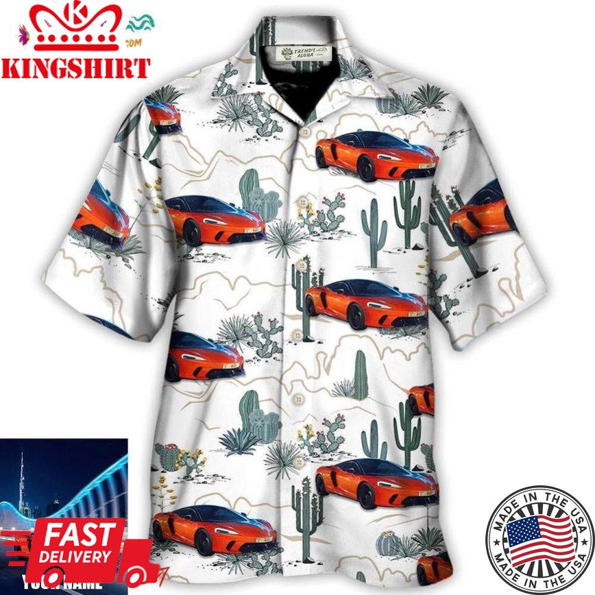 Car Desert With Mountains Blooming Cacti Opuntia And Saguaro Custom Photo Hawaiian Shirt