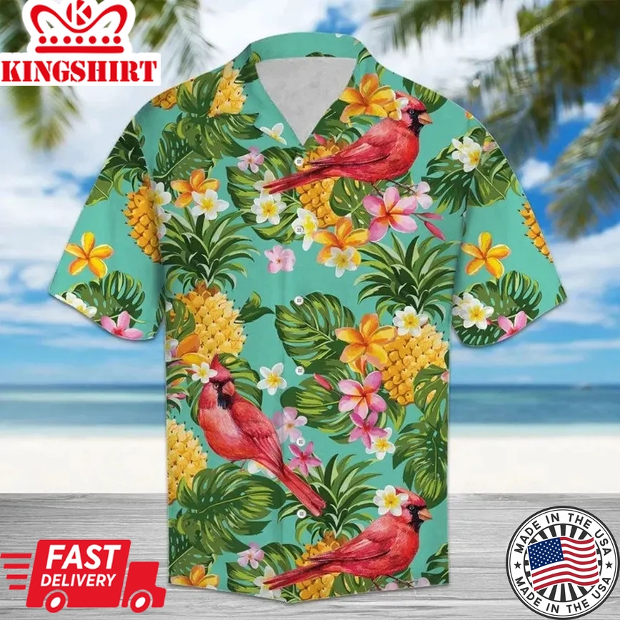 Cardinal Bird Perched On Tropical Tree Trendy Hawaiian Shirt