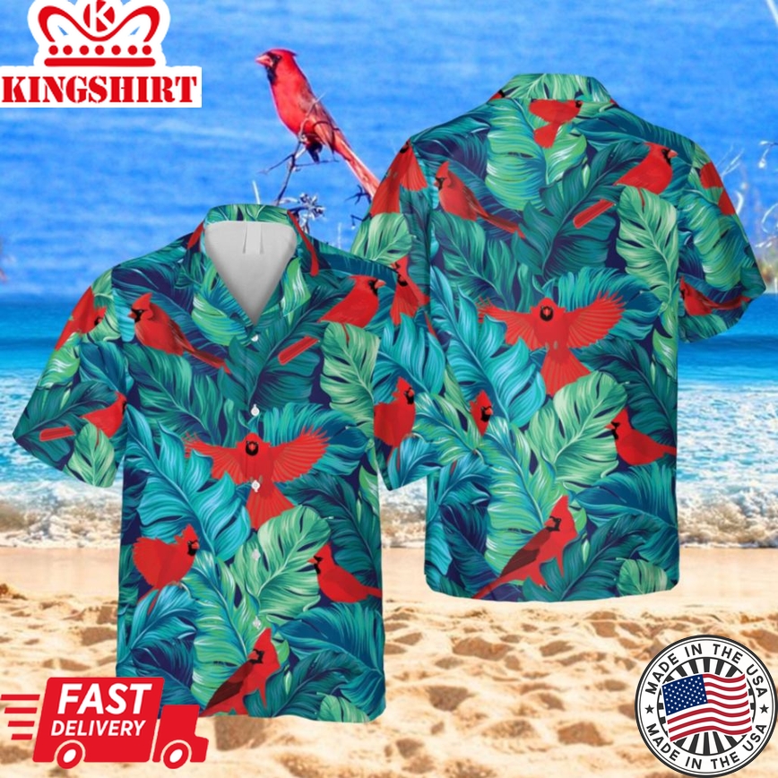 Cardinal Birds Tropical Leaves Trendy Hawaiian Shirt, Beach Shirt