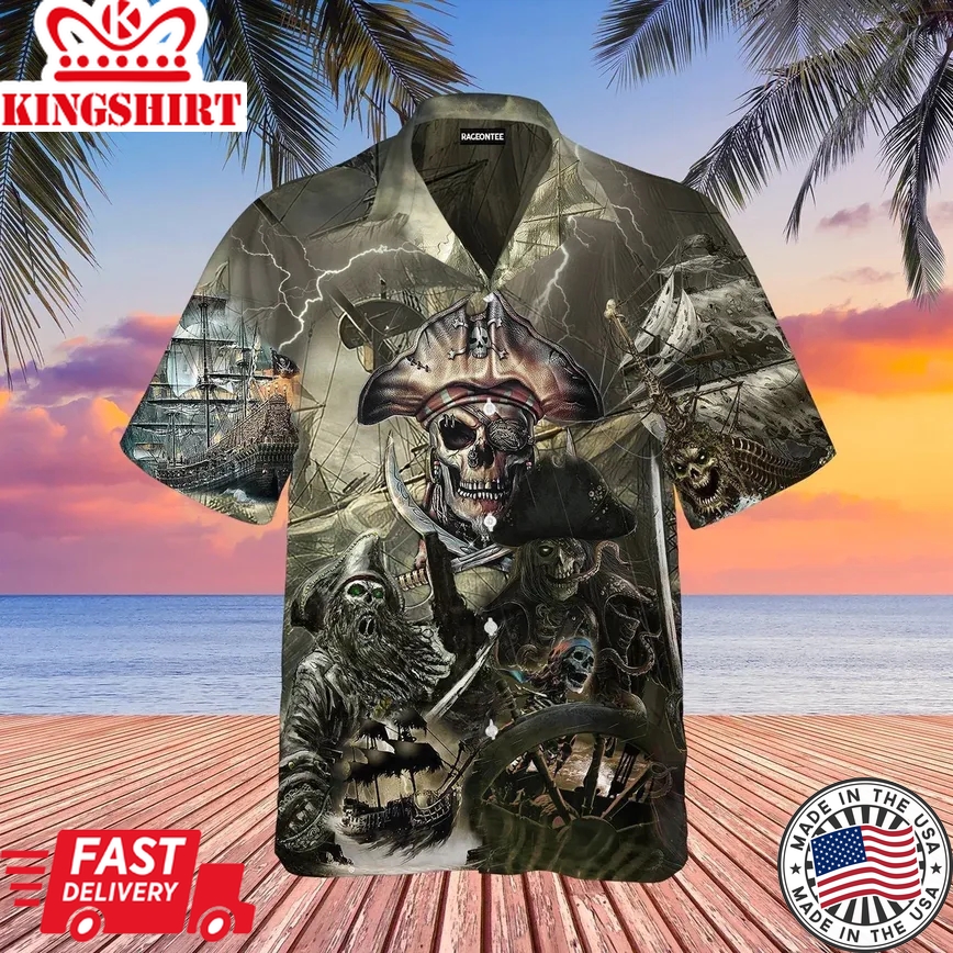 Caribbean Skull Pirate Ghost Ship Trendy Hawaiian Shirt