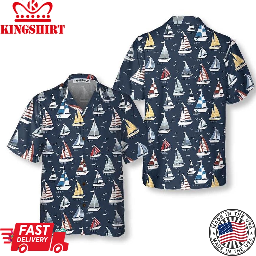 Cartoon Boat Pattern Hawaiian Shirt, Short Sleeve Sailboat Shirt, Unique Nautical Shirt