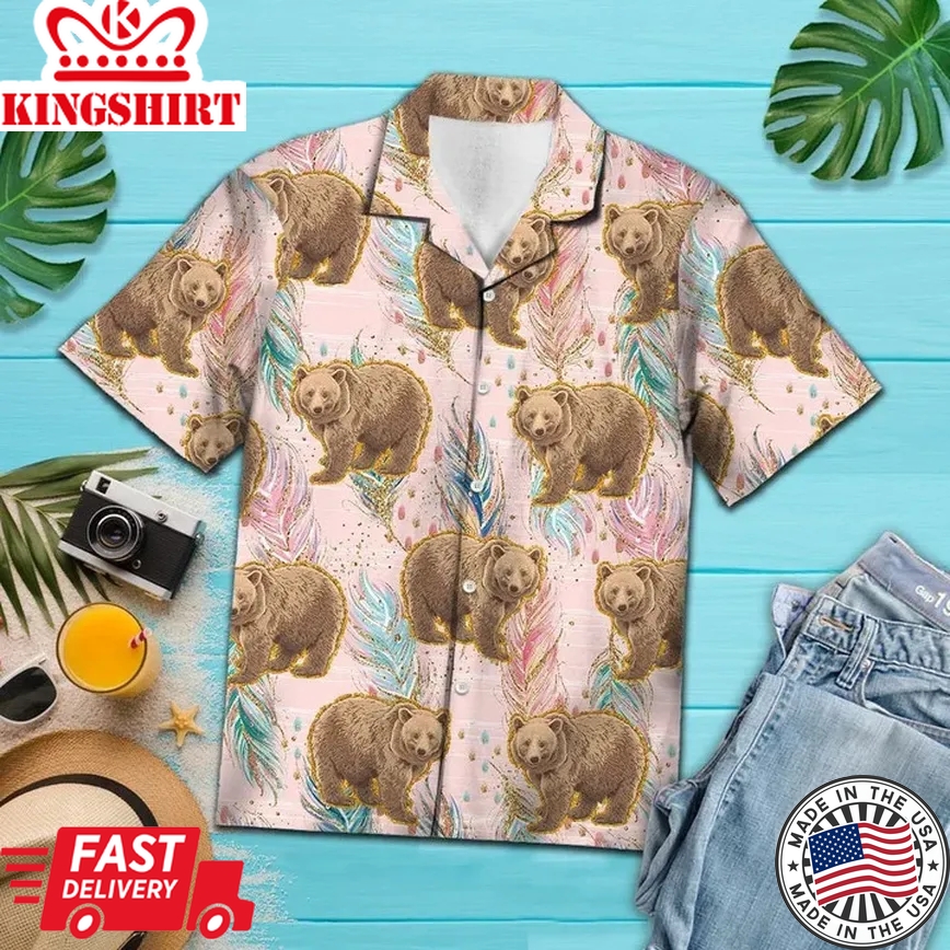 Cartoon Brown Bear Boho Feather On Pink Pattern Trendy Hawaiian Shirt