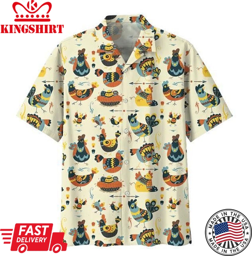 Cartoon Chicken Pattern Trendy Hawaiian Shirt, Chicken Lover Trendy Hawaiian Shirt For Summer Gifts