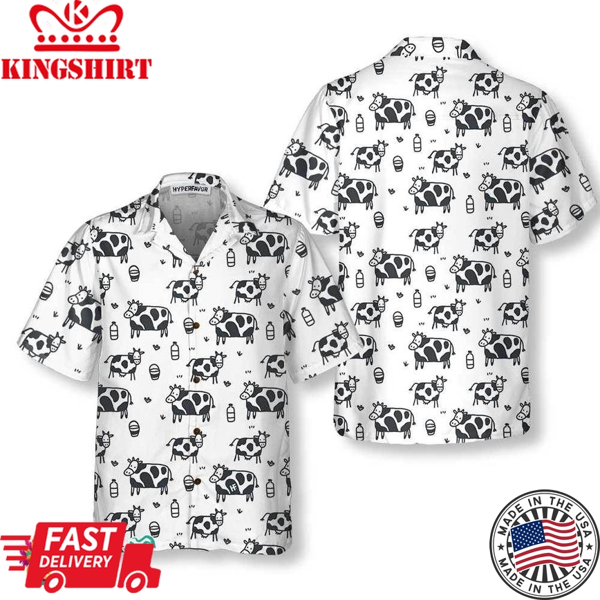 Cartoon Cow Hawaiian Shirt, Funny Cow Print Button Up Shirt For Men & Women