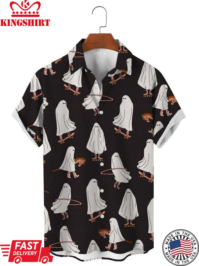 Cartoon Ghost Playing Skateboard Tie Print Casual Short-Sleeved Shirt