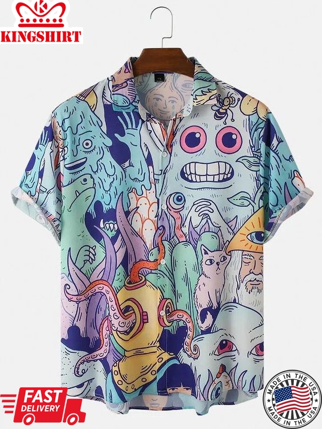 Cartoon Print Loose Casual Short Sleeve Shirt