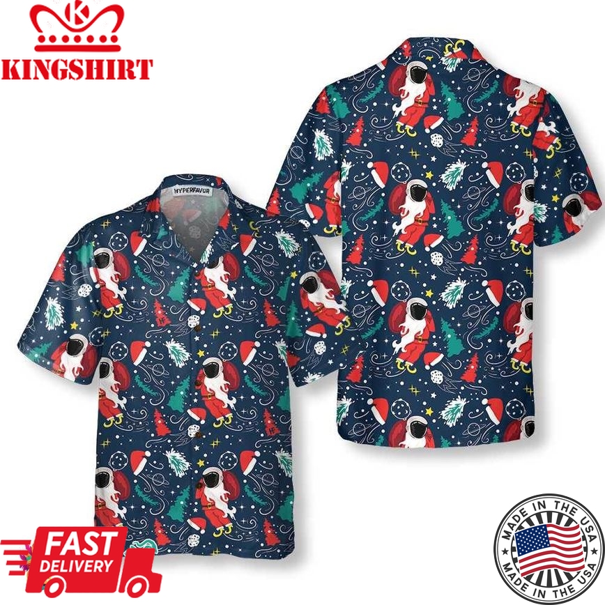 Cartoon Santa Claus Flying In Space Christmas Hawaiian Shirt, Santa Hawaiian Shirt For Men