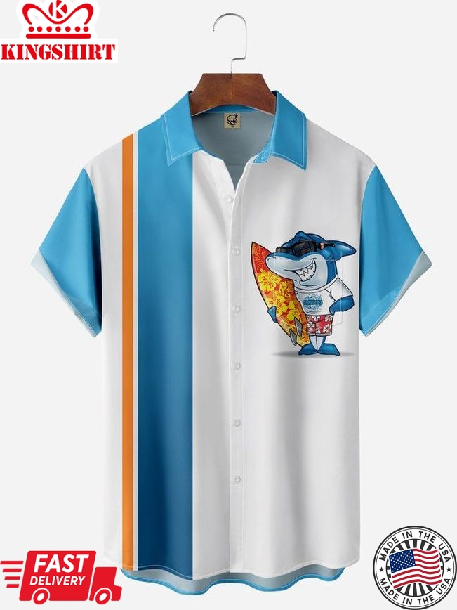 Cartoon Shark Chest Pocket Short Sleeve Bowling Shirt