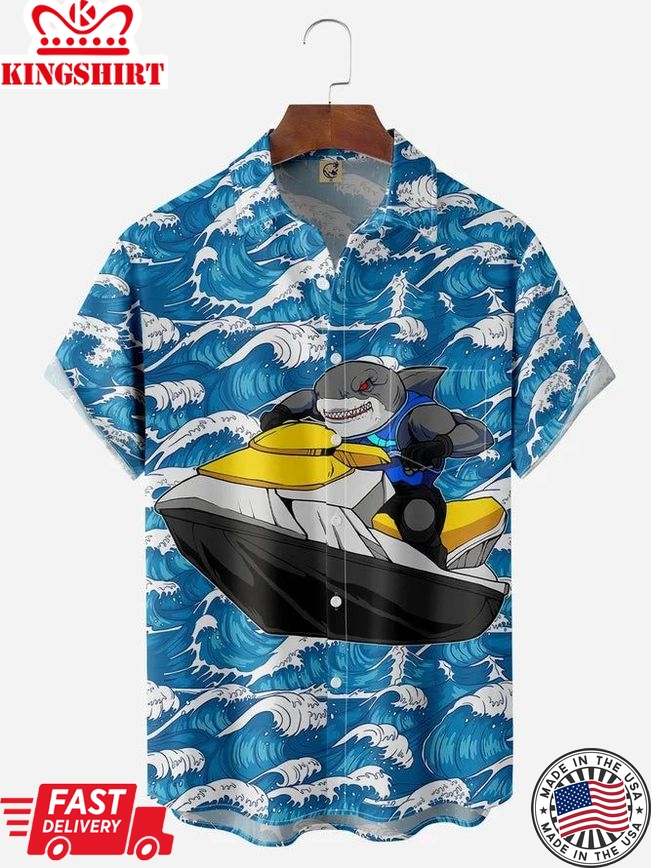 Cartoon Shark Chest Pocket Short Sleeve Hawaiian Shirt