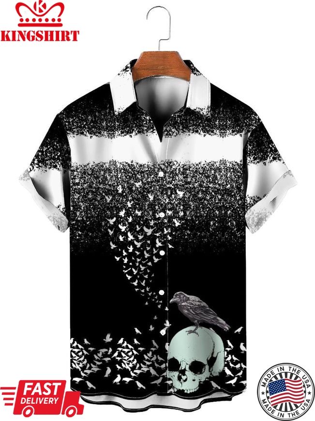 Casual Colorblock Raven Skull Print Short Sleeve Shirt