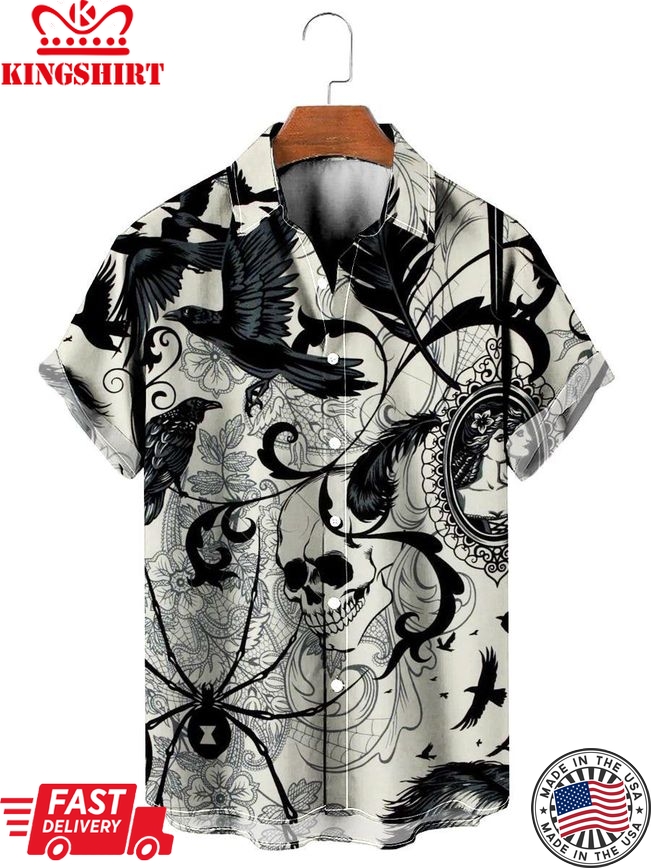 Casual Crow And Skull Print Hawaiian Shirt