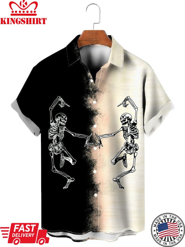 Casual Dancing Skeleton Skull Colorblock Short Sleeve Shirt