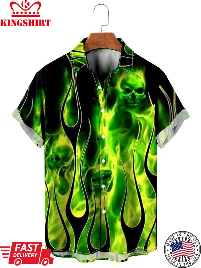 Casual Green Flame Skull Print Aloha Shirt