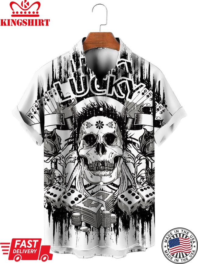 Casual Poker Skull Lucky Print Short Sleeve Shirt