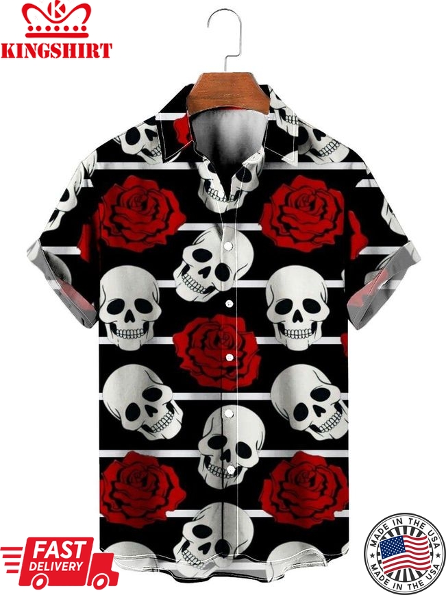 Casual Rose And Skull Print Hawaiian Shirt