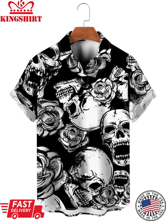 Casual Skull Rose Print Short Sleeve Shirt